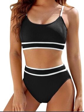 (12) NWT Blooming Jelly Black Ribbed High-Waist Bikini with White Trim